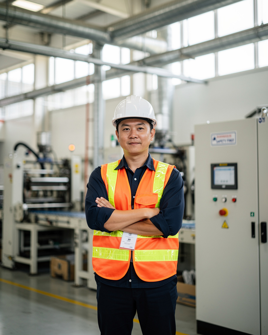 Asian male engineer standing in an industrial facility