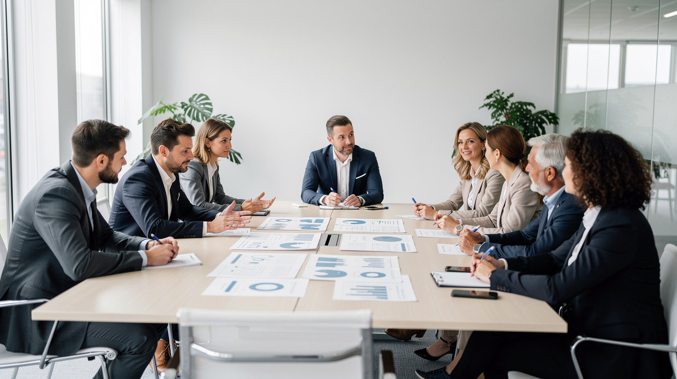 Professionals discussing at a business meeting table